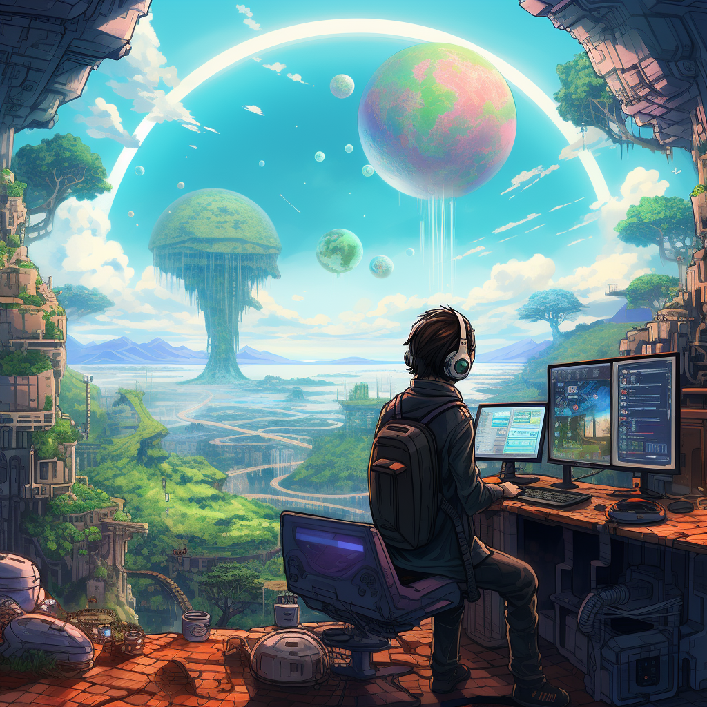 Boy coding in a futuristic city